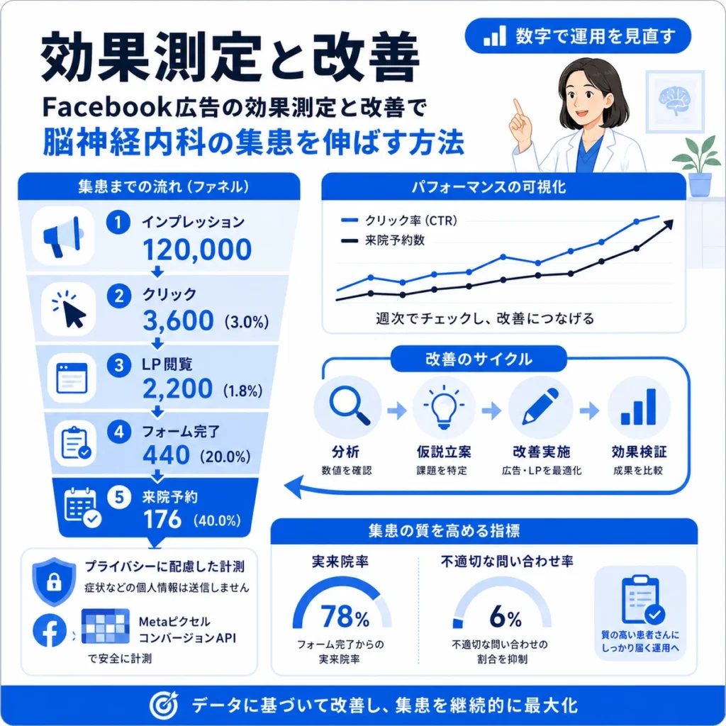 Facebook広告の効果測定と改善サイクルで集患を伸ばす方法を示すイラスト