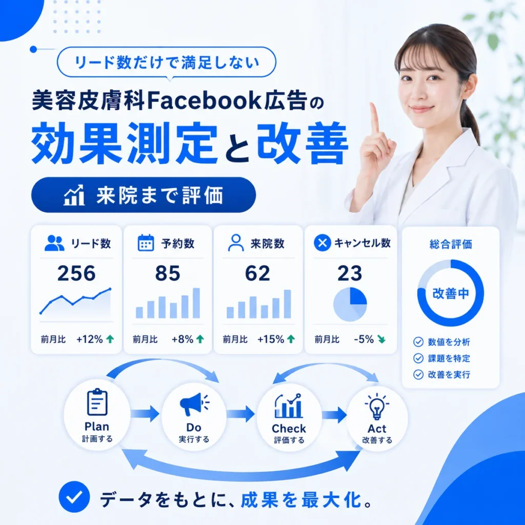 リード数だけでなく予約数や来院数まで見てFacebook広告を改善する流れを示すイラスト