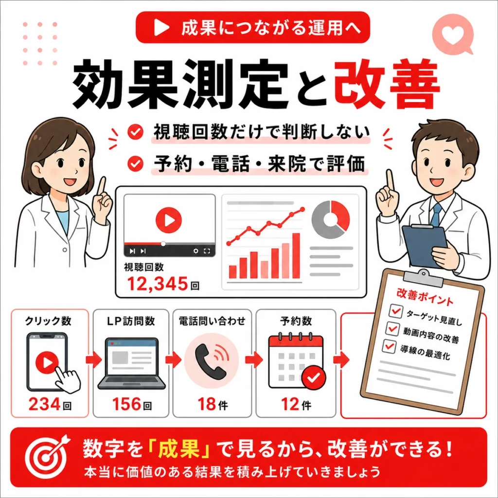 視聴回数だけでなく予約や電話問い合わせ、来院実績でYouTube広告を評価し改善する流れを示すイラスト