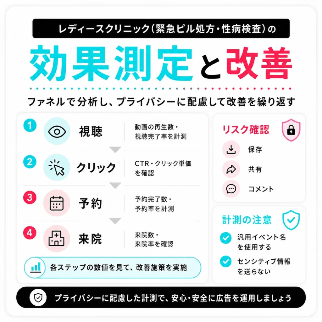 TikTok広告の視聴・クリック・予約・来院までの効果測定と改善手順を示すイラスト