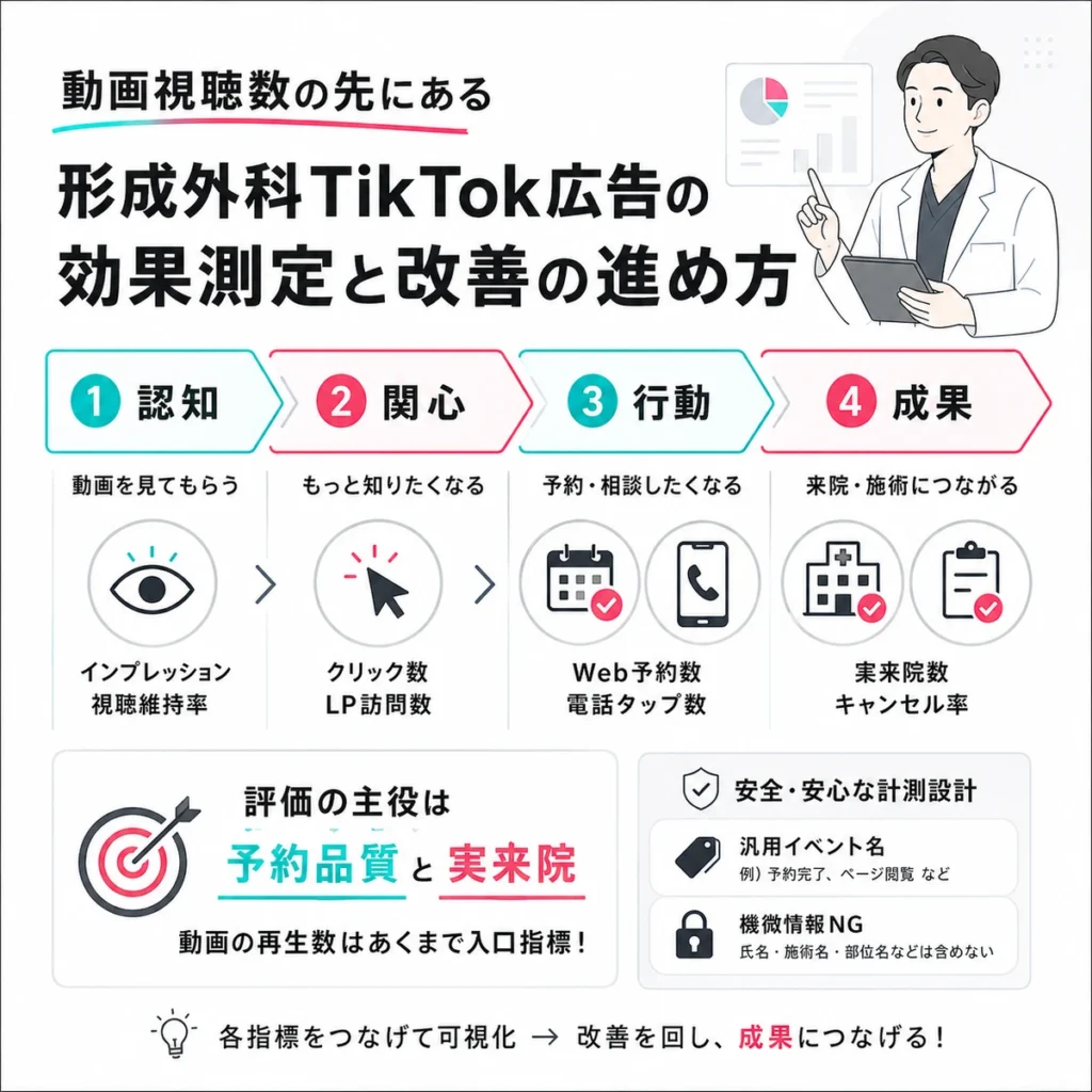 形成外科TikTok広告の効果測定と改善を認知から実来院まで段階別に示すイラスト