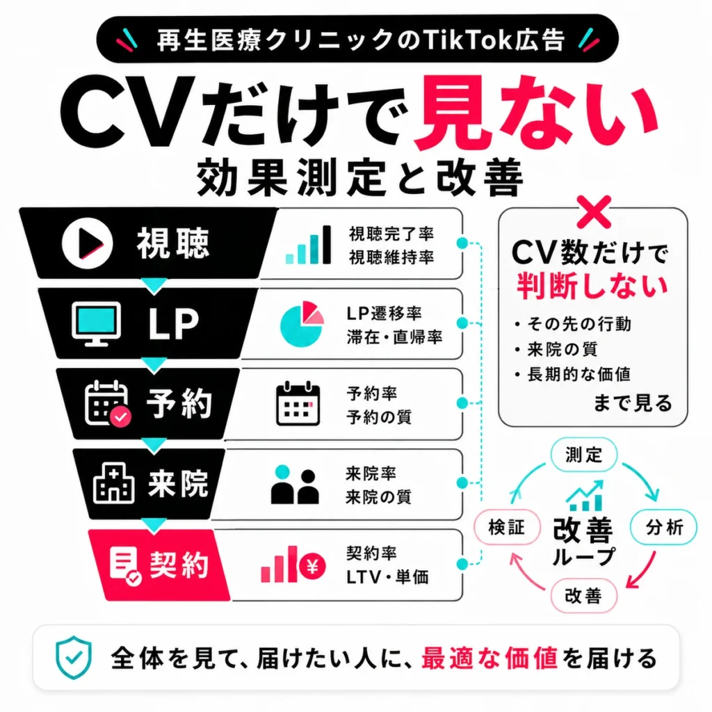 CV数だけでなく視聴、LP、予約、来院、契約まで見て改善する効果測定の流れを示すイラスト
