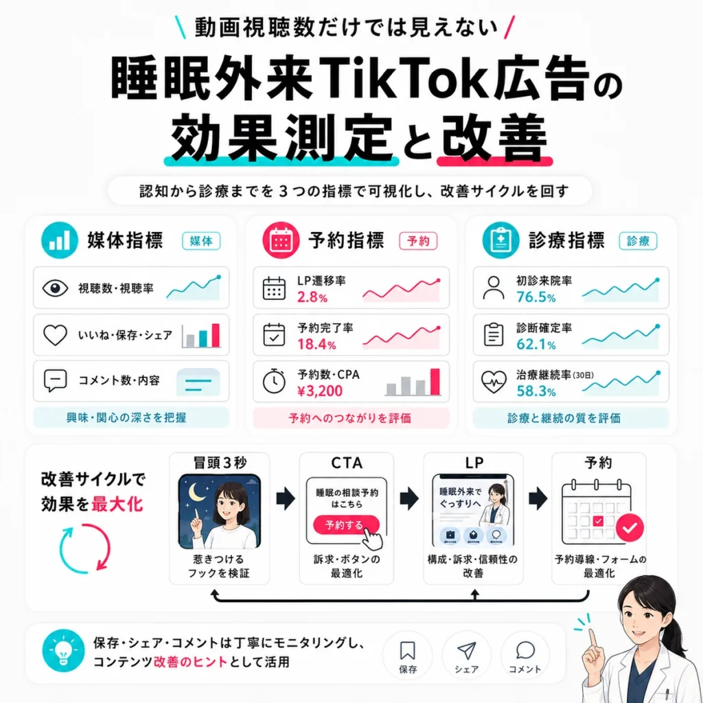 睡眠外来TikTok広告の媒体指標、予約指標、診療指標を分けて改善する流れを示すイラスト