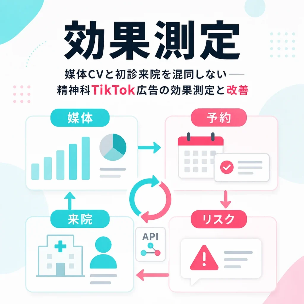 媒体CV、予約、来院、リスクを分けて効果測定する改善サイクルのイラスト