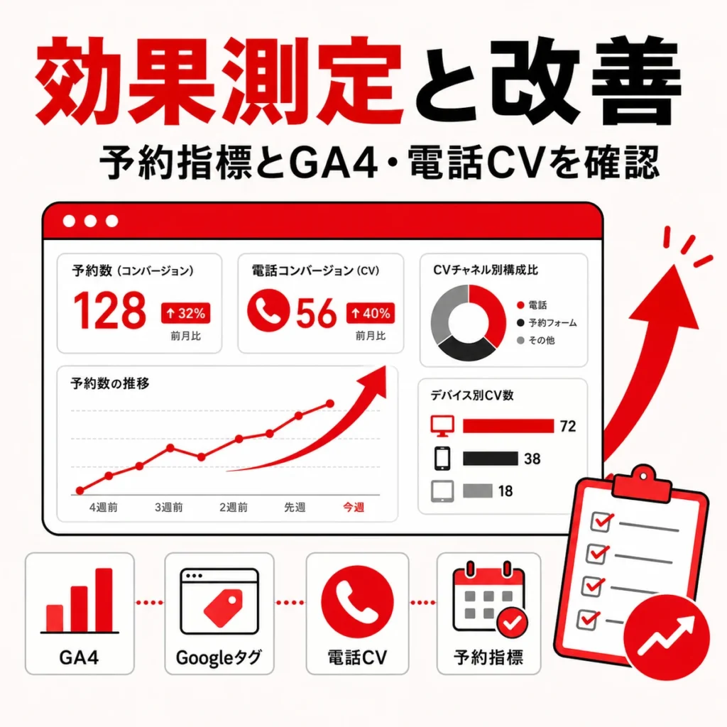 予約指標やGA4、電話CVを使ってYouTube広告の効果測定と改善を行う様子を示すイラスト