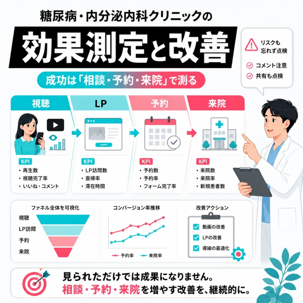 TikTok広告の視聴、LP、予約、来院を指標として効果測定と改善を進める流れを示すイラスト