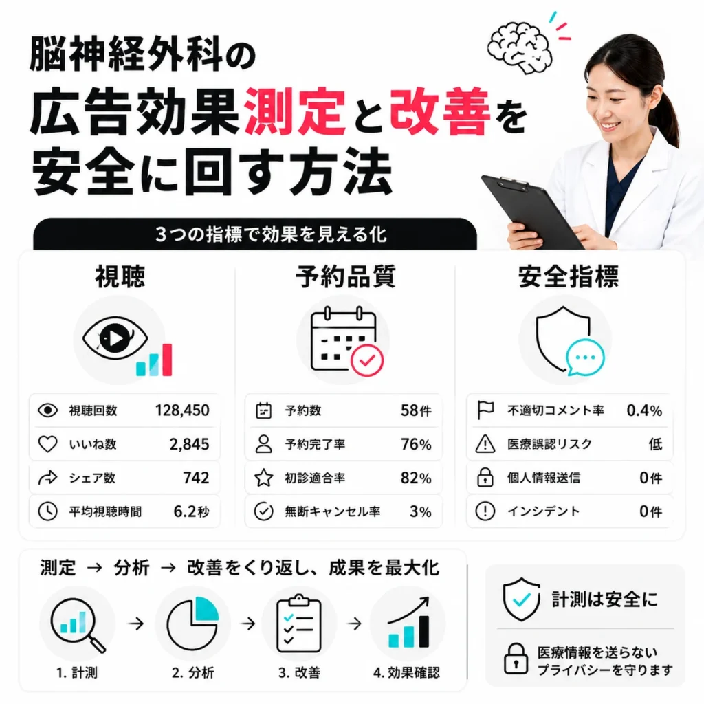 脳神経外科のTikTok広告効果測定と安全な改善サイクルを示すイラスト