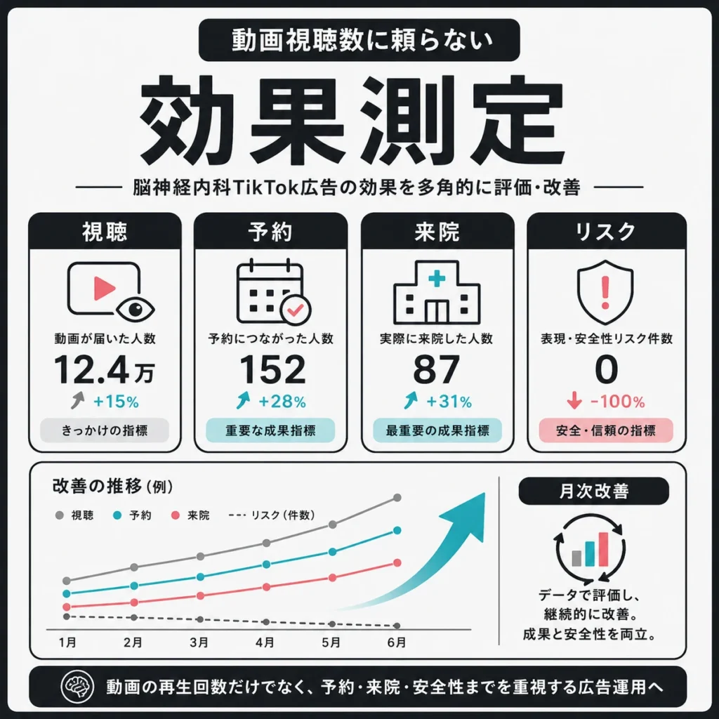 動画視聴数だけでなく予約・来院・リスク指標まで見る効果測定のイラスト
