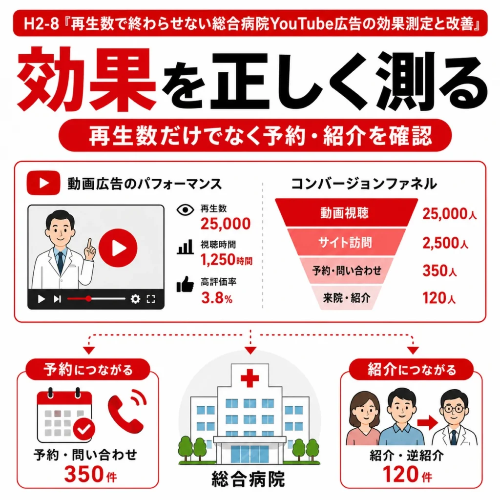 YouTube広告の再生数だけでなく予約や紹介まで効果測定する流れを示すイラスト