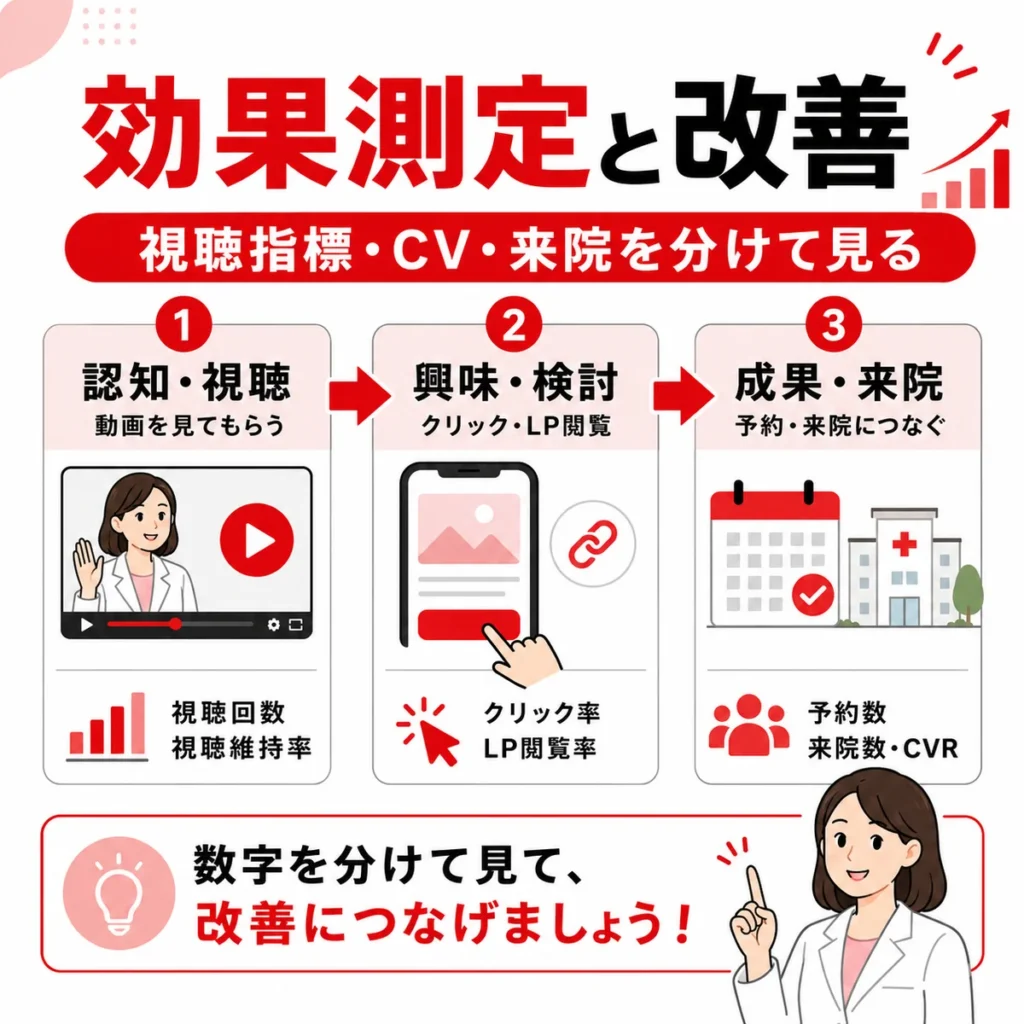視聴指標やCV、来院数を分けて効果測定と改善を行う流れを示すイラスト