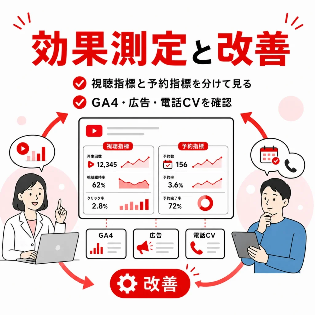 甲状腺専門クリニックのYouTube広告で視聴指標と予約指標を分けて効果測定する流れを示すイラスト