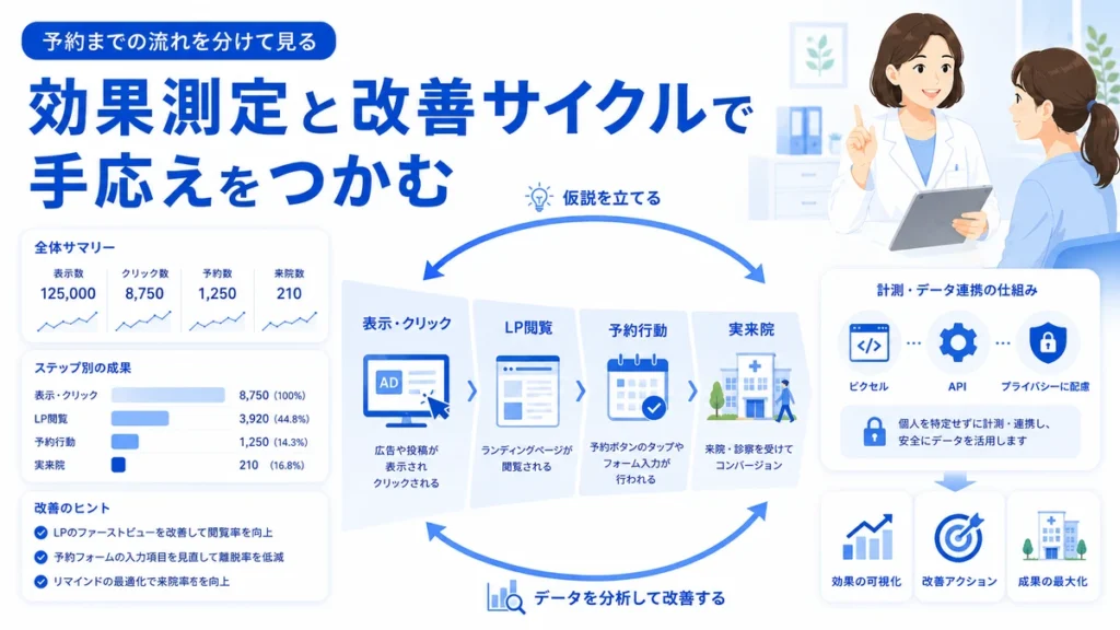 Facebook広告の表示からLP閲覧、予約、実来院までを測定して改善する流れを示すイラスト