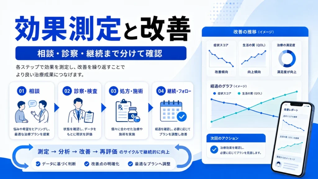相談、診察、継続まで分けて確認するFacebook広告の効果測定と改善サイクルのイラスト