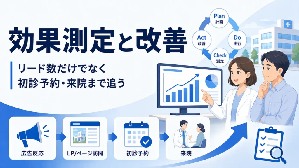 リード数だけでなく初診予約や来院まで追うFacebook広告の効果測定と改善サイクルを示すイラスト