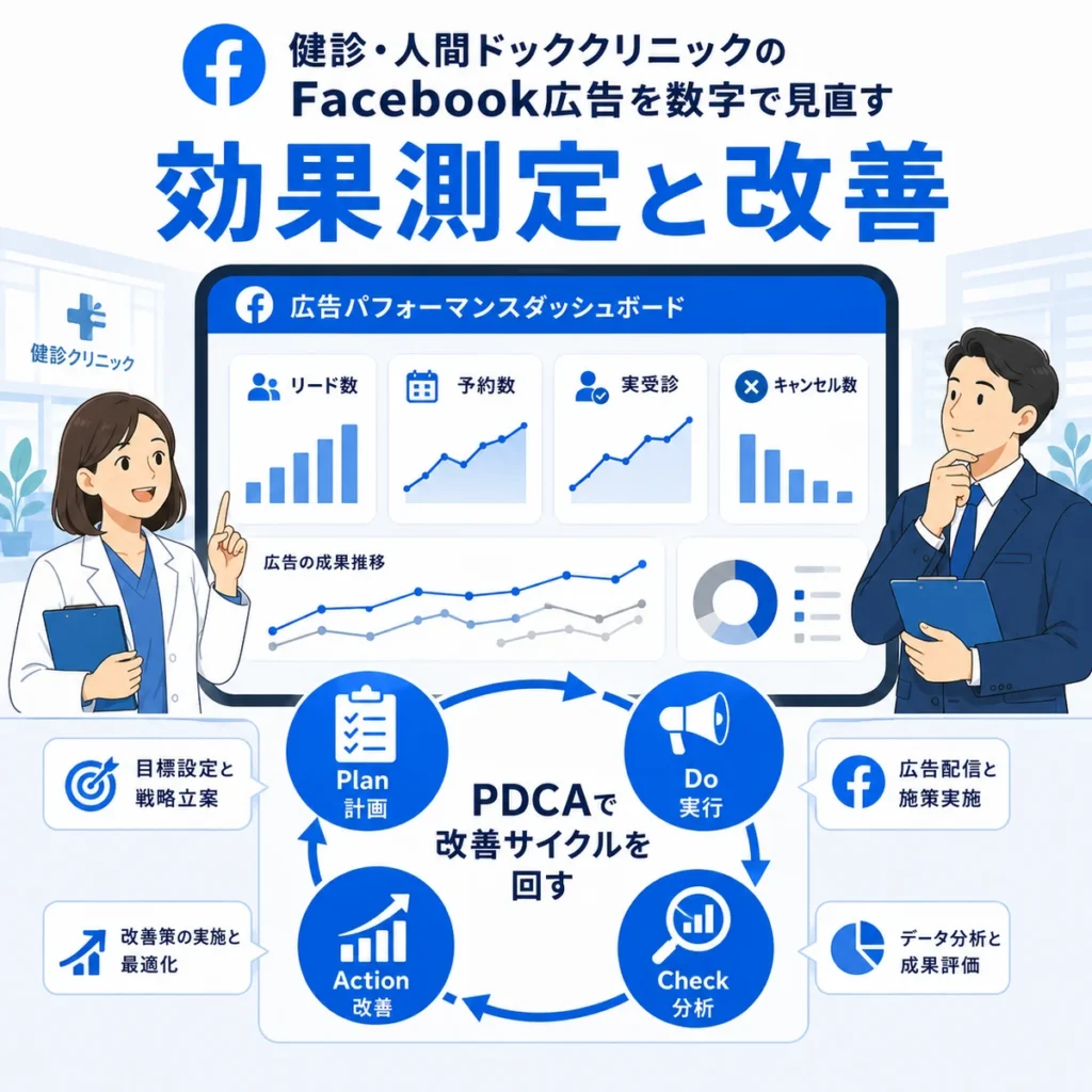 リード数や予約数、実受診数を見ながらFacebook広告を改善する効果測定サイクルのイラスト