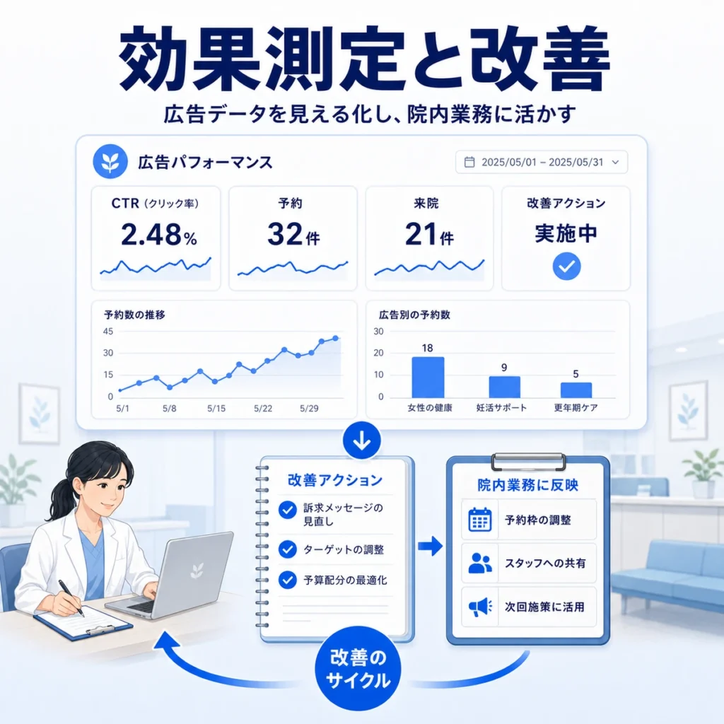 Facebook広告の効果測定データを院内業務の改善に活かすサイクルを示すイラスト