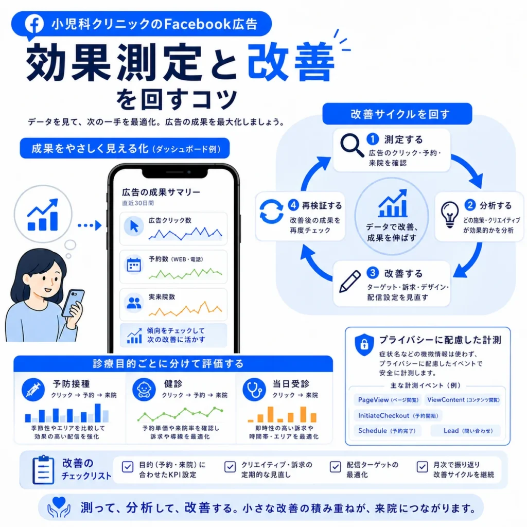 小児科Facebook広告の効果測定と改善サイクルをデータで回す方法を示すイラスト