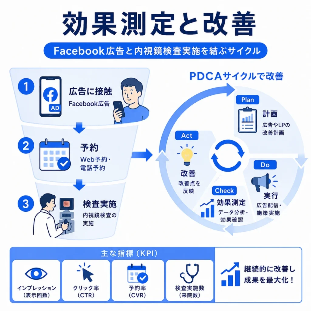 Facebook広告から内視鏡検査実施までの効果測定と改善サイクルを示すイラスト