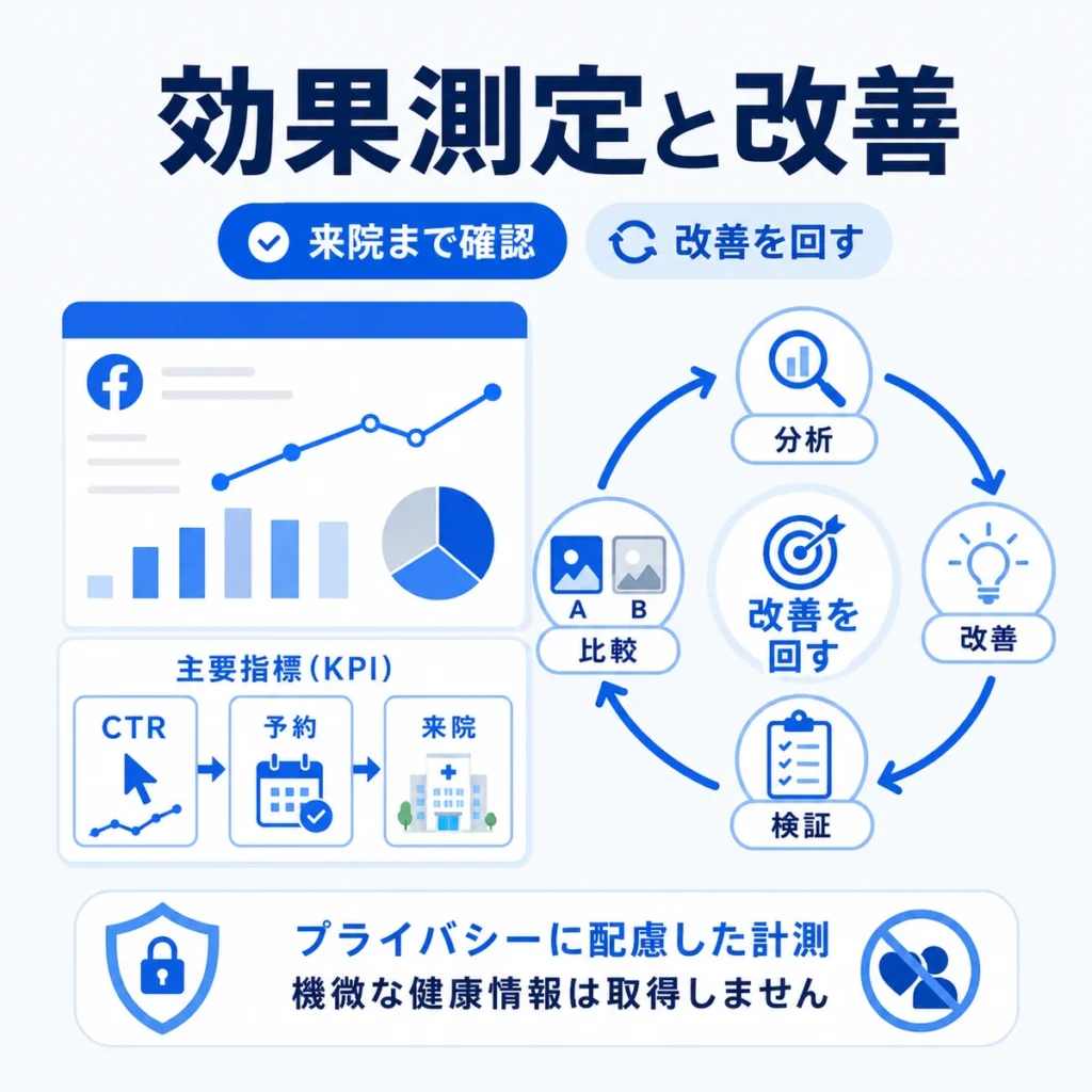 Facebook広告の効果測定と改善サイクルをKPIや来院確認とあわせて示すイラスト