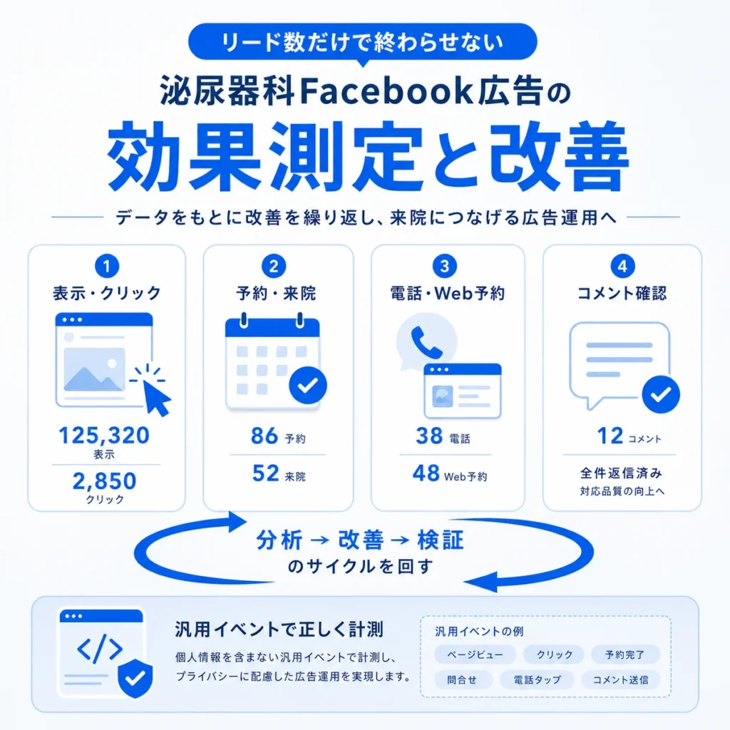 リード数だけでなく予約や来院まで追い、Facebook広告を効果測定と改善につなげる流れを示すイラスト