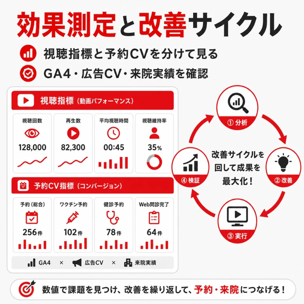 YouTube広告の視聴指標と予約CVを分けて改善サイクルを回す流れを示すイラスト