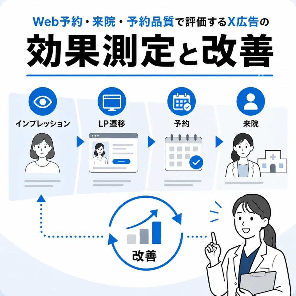 Web予約や来院、予約品質をもとにX広告を効果測定し改善する流れを示すイラスト
