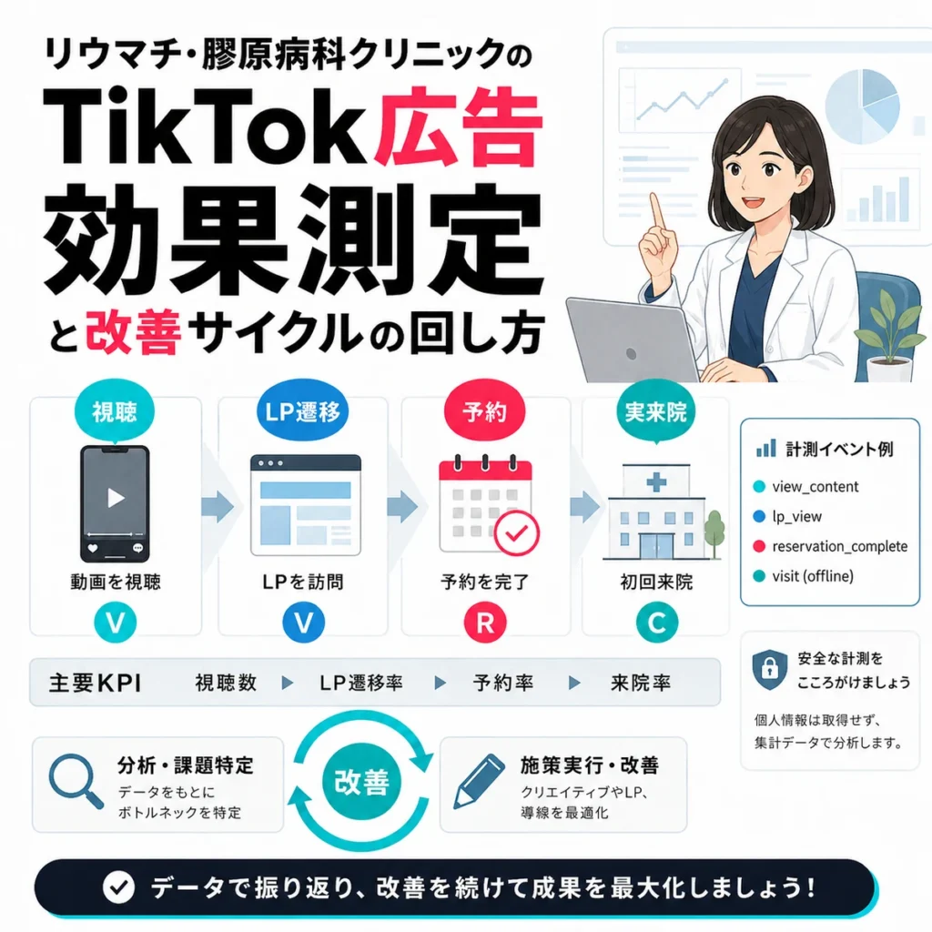 視聴、LP遷移、予約、実来院を計測し改善サイクルを回す流れを示すイラスト