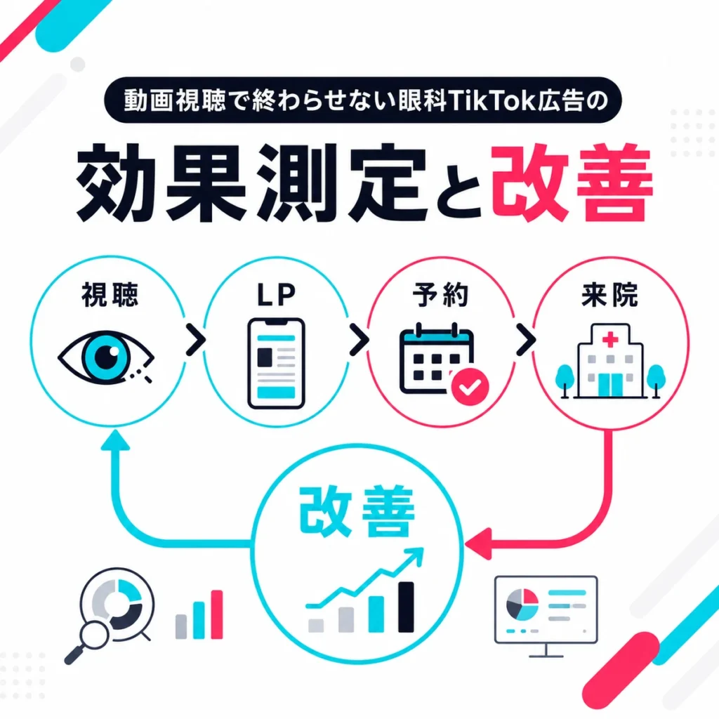 動画視聴からLP・予約・来院までを測定し改善へつなげるサイクルを示すイラスト