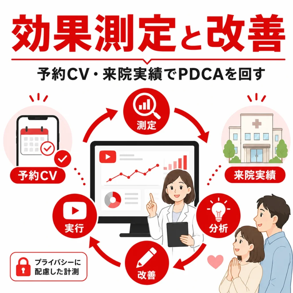 心療内科のYouTube広告で予約CVと来院実績をもとに改善サイクルを回すイラスト