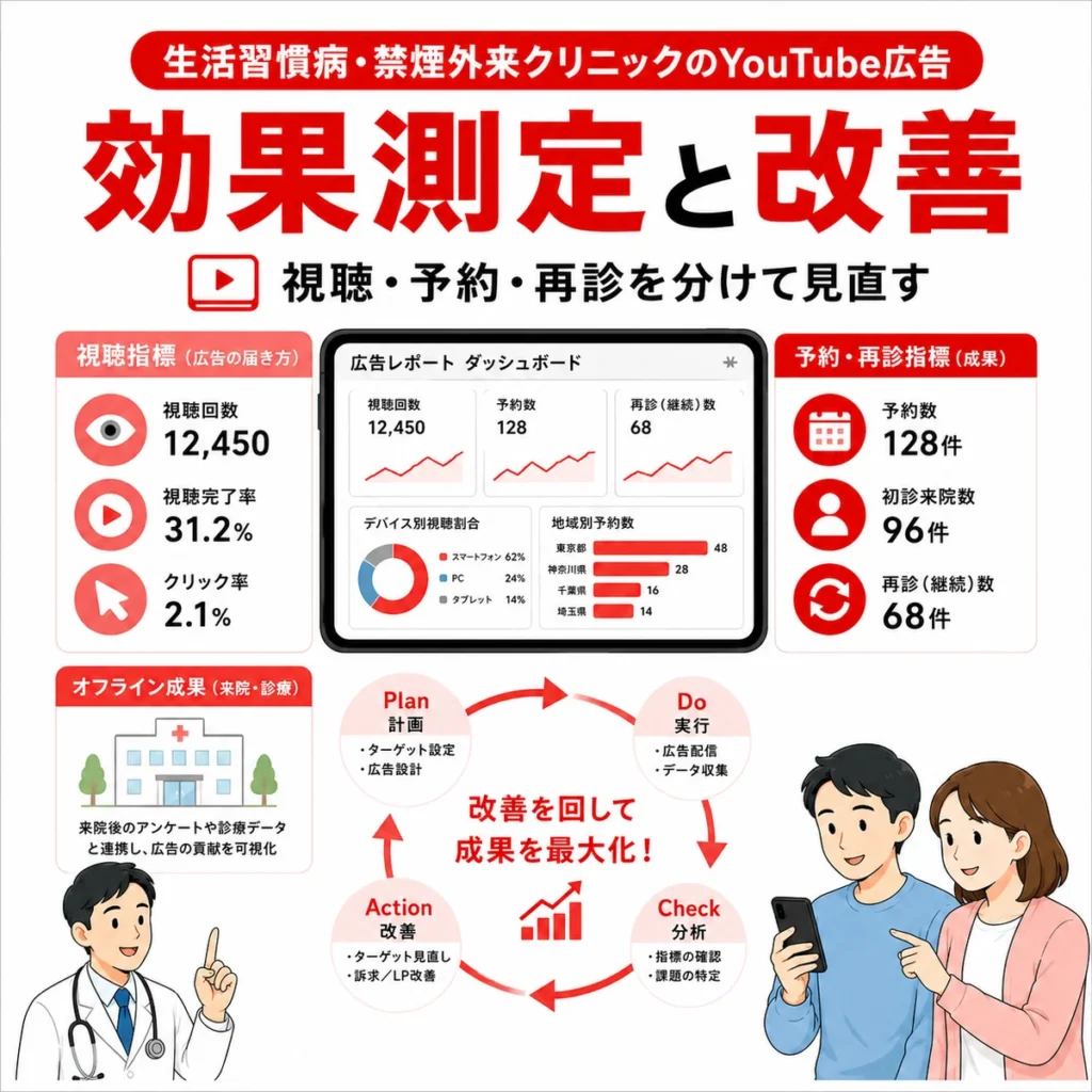 YouTube広告の視聴指標、予約数、再診継続を分けて確認し改善を回す方法を示すイラスト