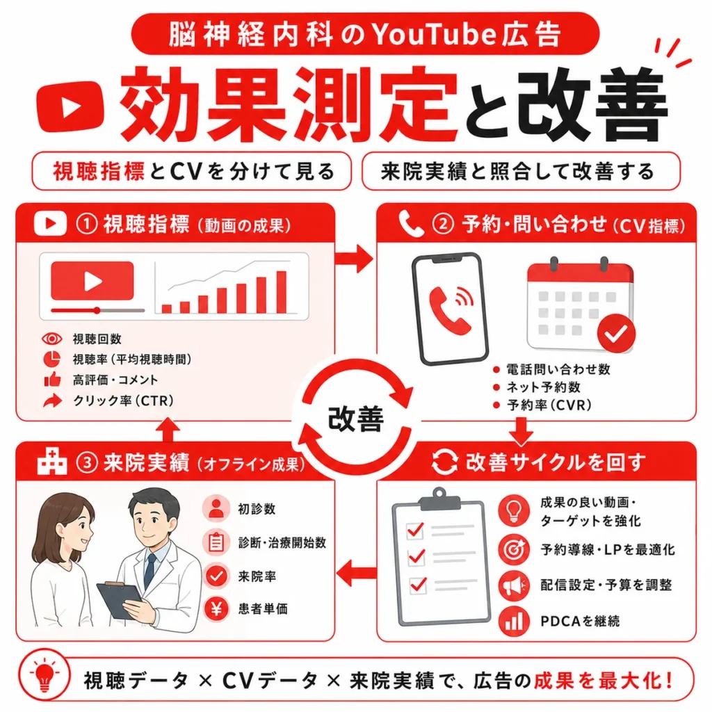 YouTube広告の視聴指標と予約CV、来院実績を分けて効果測定し改善する流れを示すイラスト