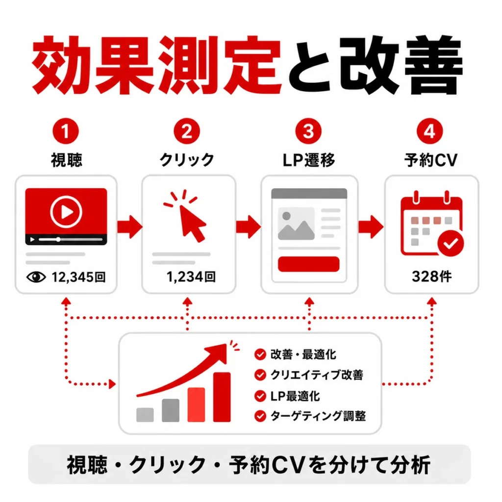視聴、クリック、LP遷移、予約CVを分けて分析し改善するサイクルを示すイラスト