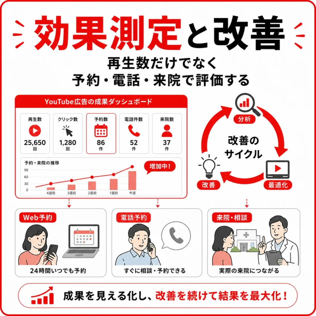 YouTube広告の効果を再生数だけでなく予約・電話・来院で測定し改善する流れのイラスト