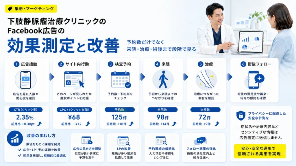 Facebook広告の効果測定を広告接触から来院、治療、術後フォローまで段階で見るイラスト