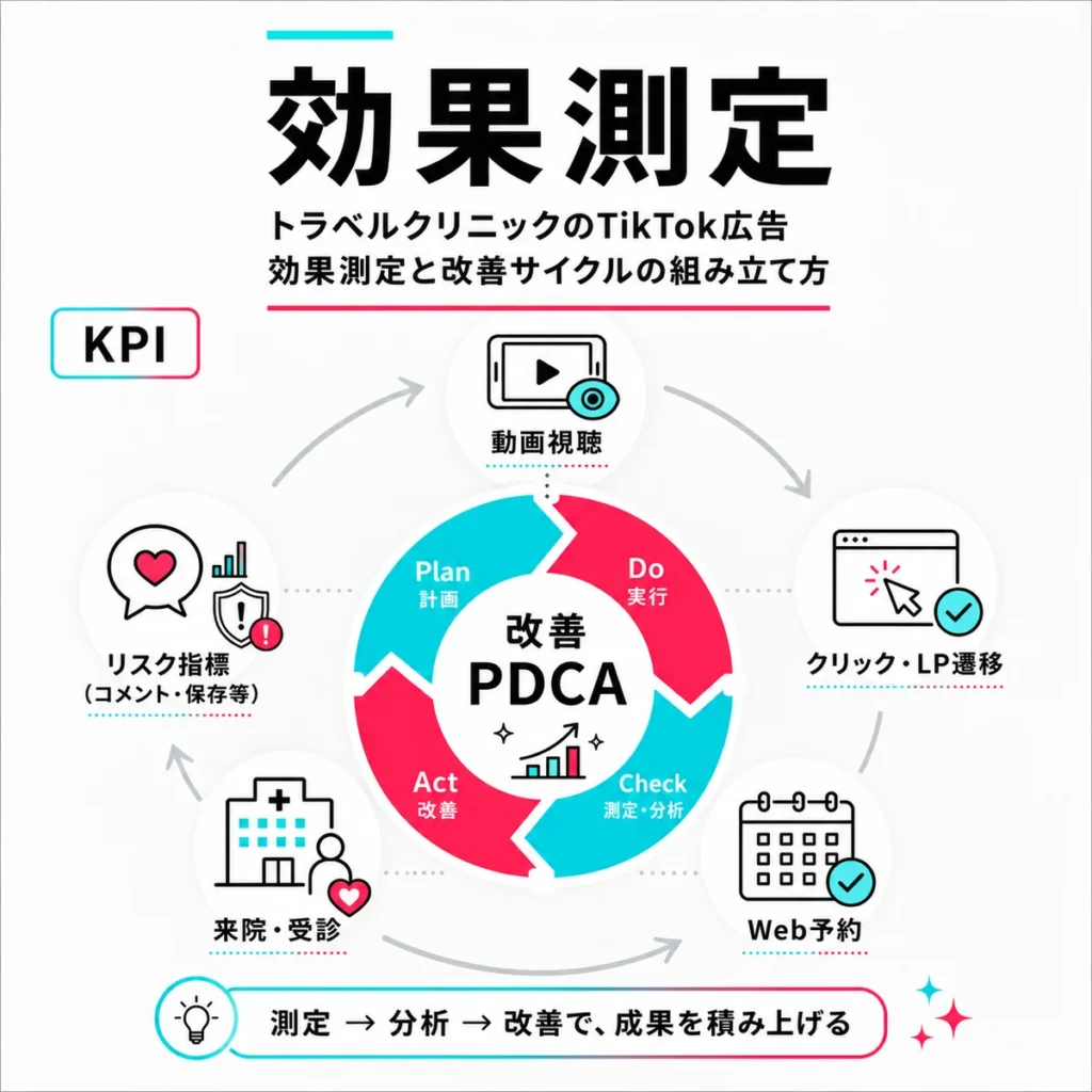 TikTok広告の効果測定と改善PDCAをKPI別に整理したイラスト