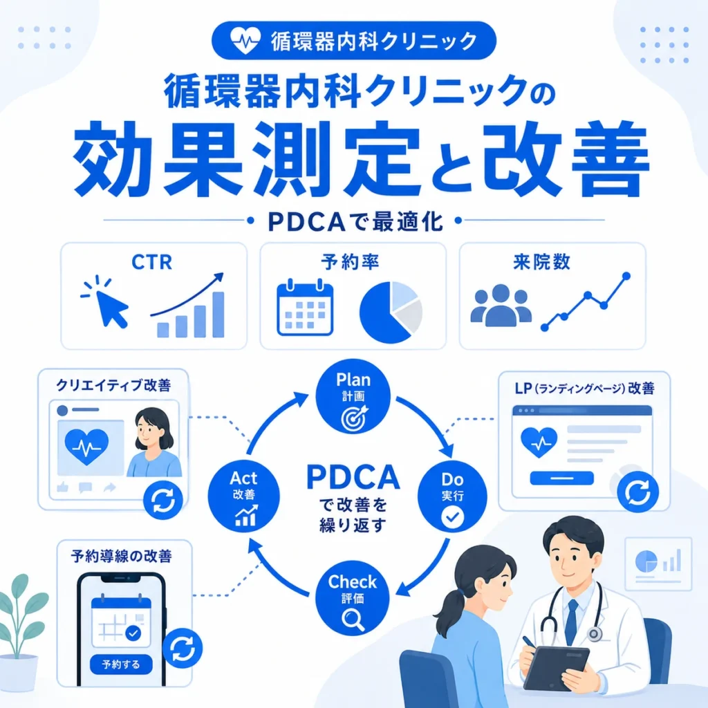 循環器内科クリニックのFacebook広告をCTRや予約率や来院数で効果測定しPDCA改善する流れを示すイラスト