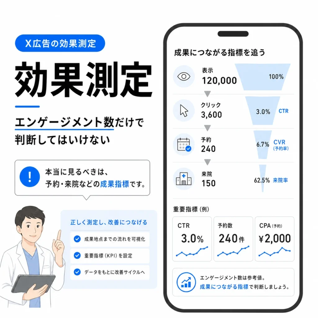 X広告の効果測定で表示・クリック・予約・来院などの成果指標を追うイラスト
