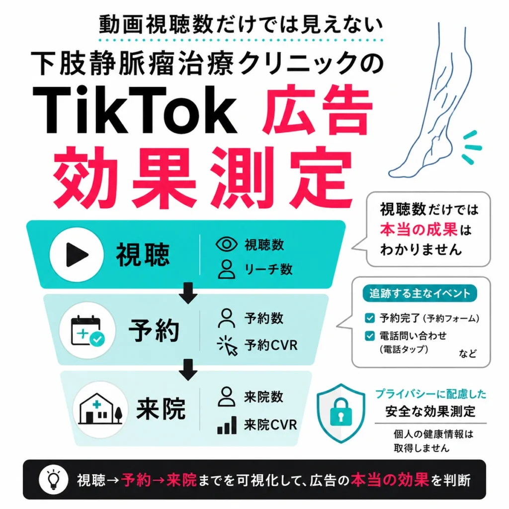 TikTok広告の視聴数だけでなく予約数や来院数まで効果測定する流れを示すイラスト