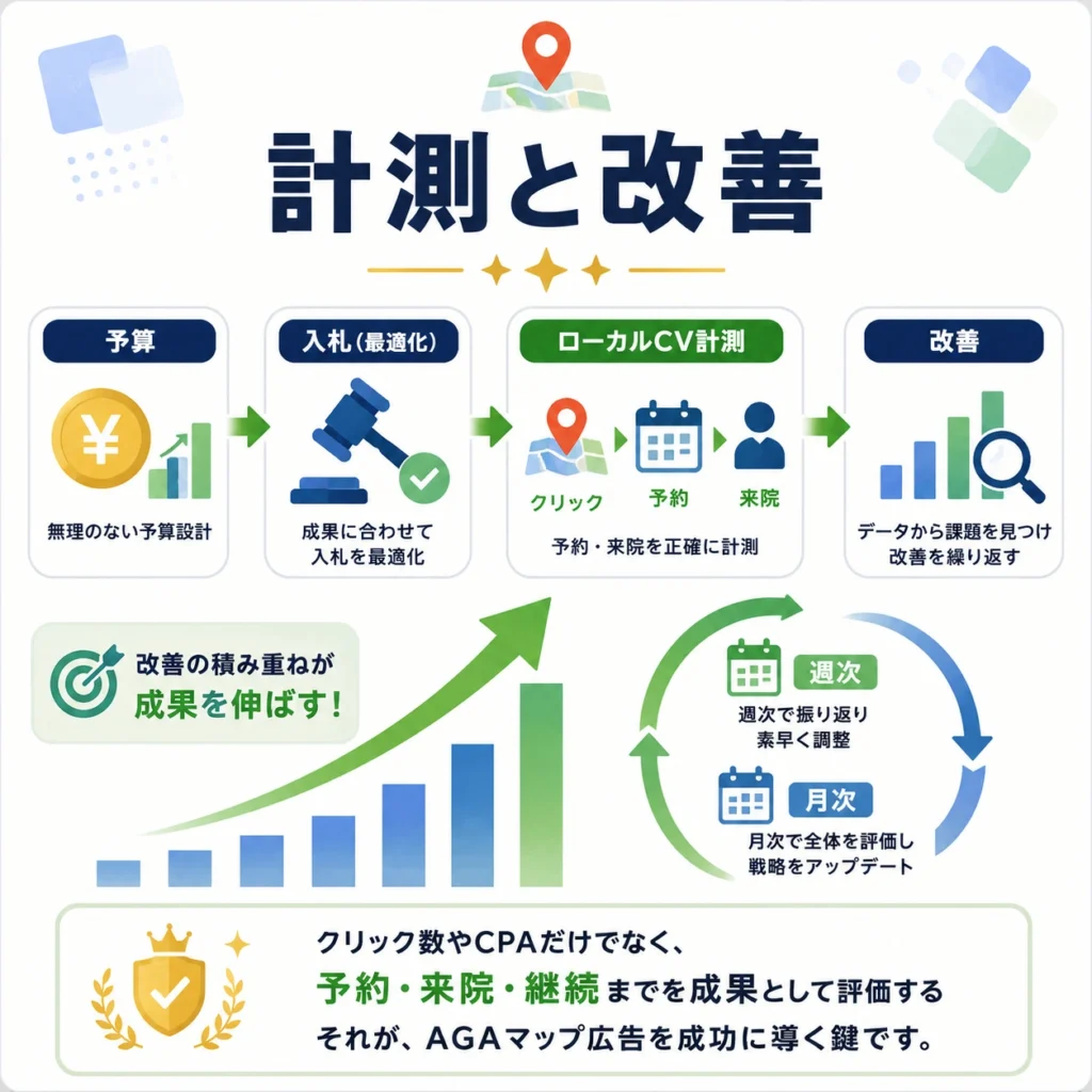 AGAマップ広告の予算・入札・ローカルCV計測と改善サイクルを示すイラスト