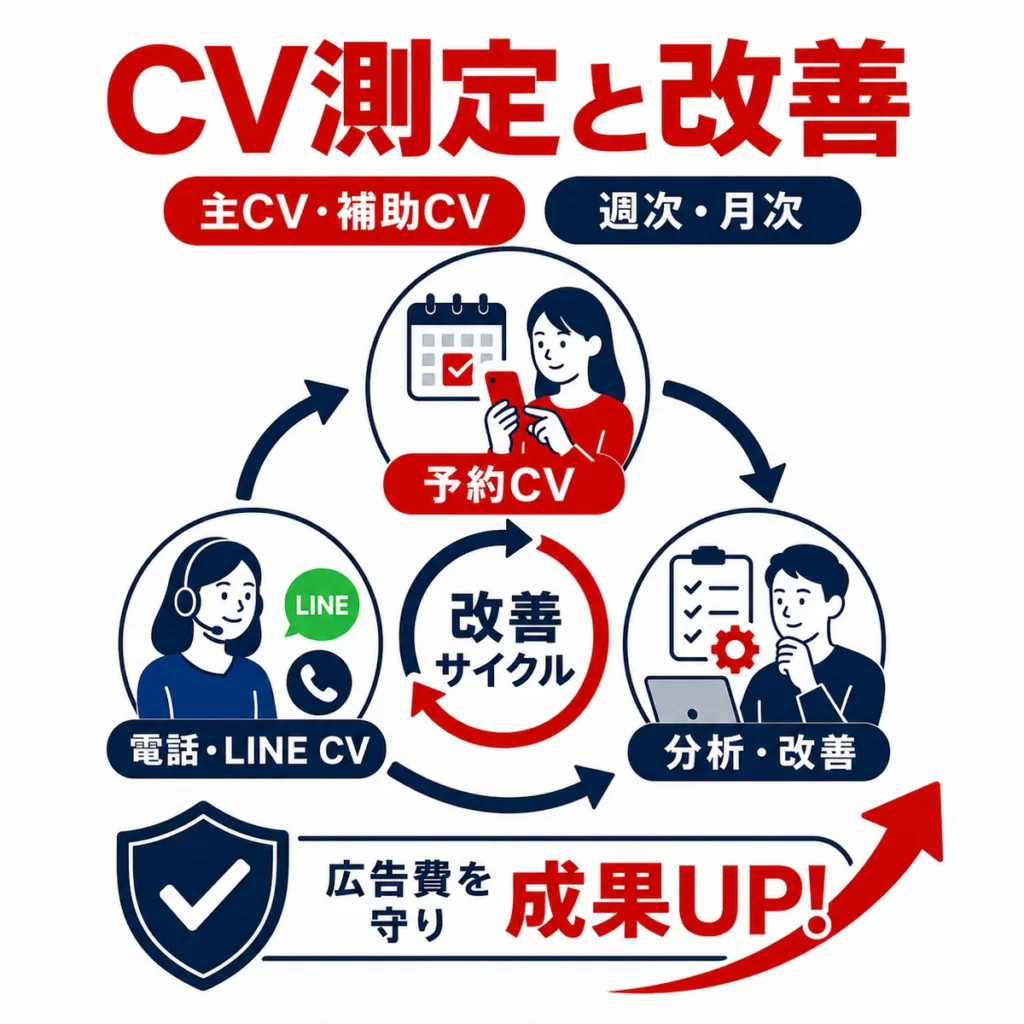 広告費を無駄にしないための主CV・補助CVの測定と改善サイクルを示すイラスト