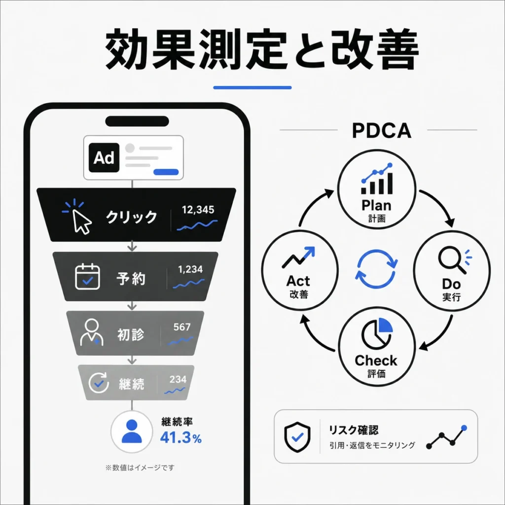 AGAクリニックのX広告における効果測定とPDCA改善サイクルを示すイラスト