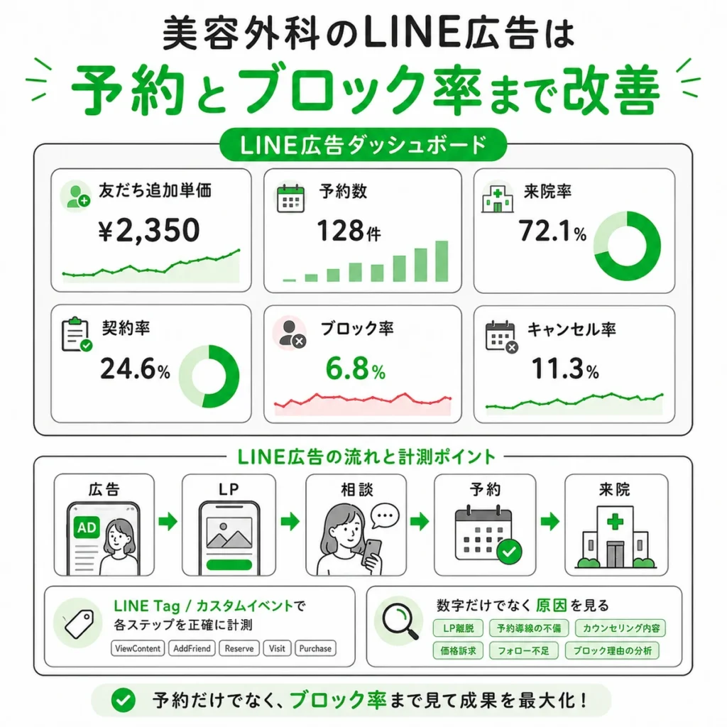 美容外科LINE広告の予約数や来院率、ブロック率を見て改善する計測画面のイラスト