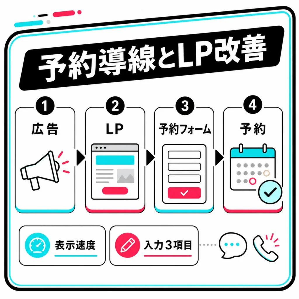 TikTok広告から予約につなげる導線設計とLP改善の流れを示すイラスト