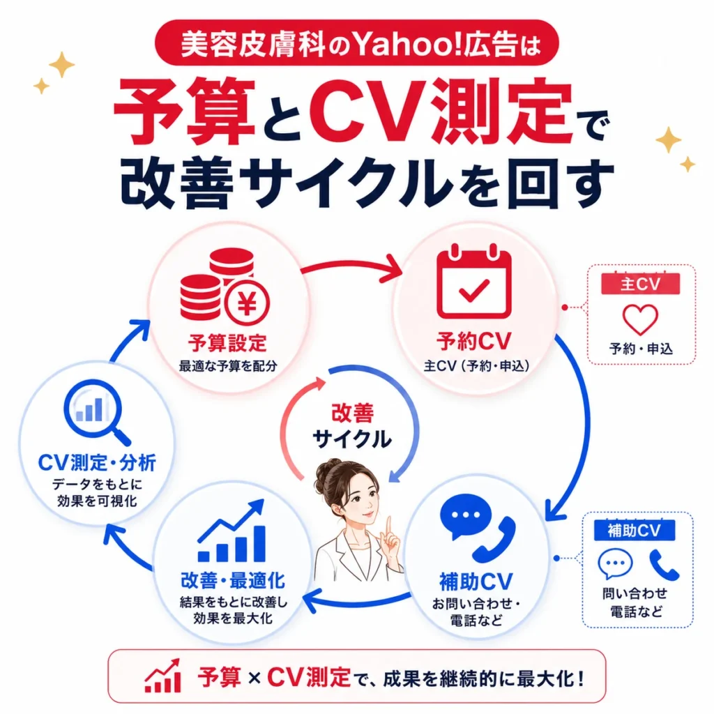 美容皮膚科のYahoo!広告で予算とCV測定をもとに改善サイクルを回すイラスト