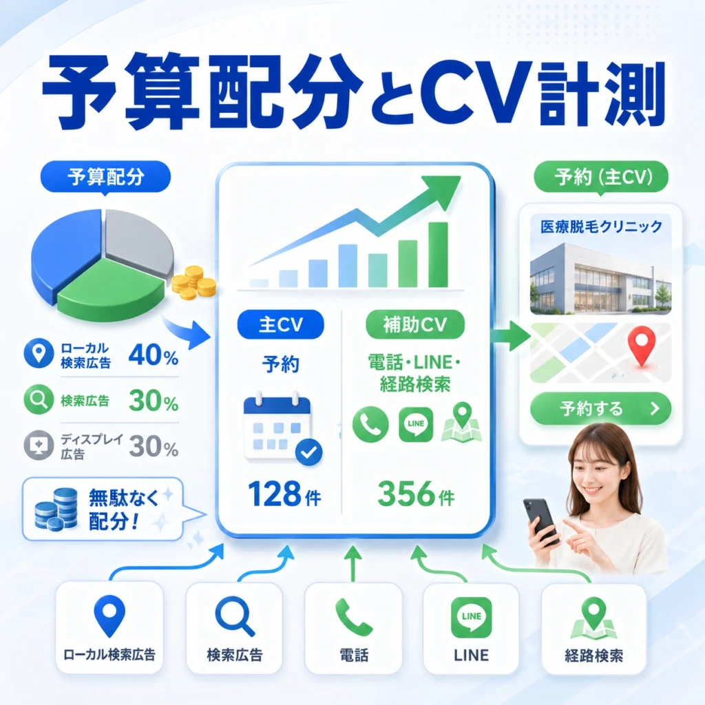 医療脱毛広告の予算配分と主CV・補助CVの計測を分かりやすく示すイラスト