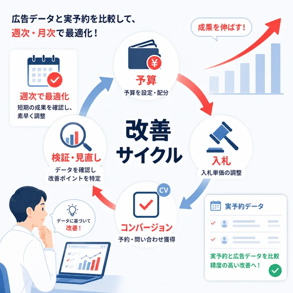 広告予算や入札、CV測定を実予約データと照合して改善するサイクルを示すイラスト