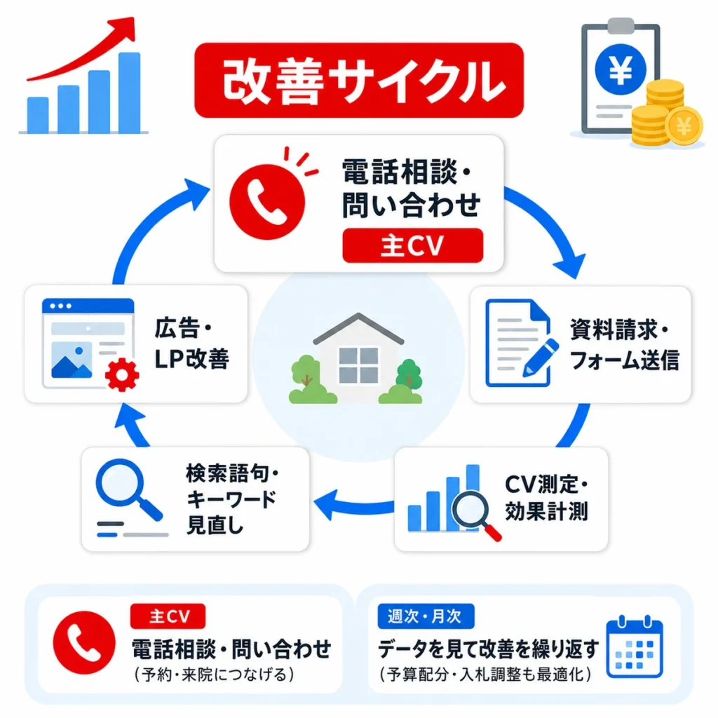 訪問診療広告の予算、入札、CV測定をもとに改善を繰り返すサイクルを示すイラスト