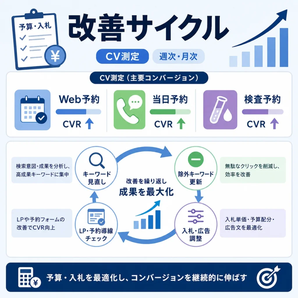 緊急ピル・性病検査広告の予算・入札・CV測定を改善サイクルで最適化するイラスト