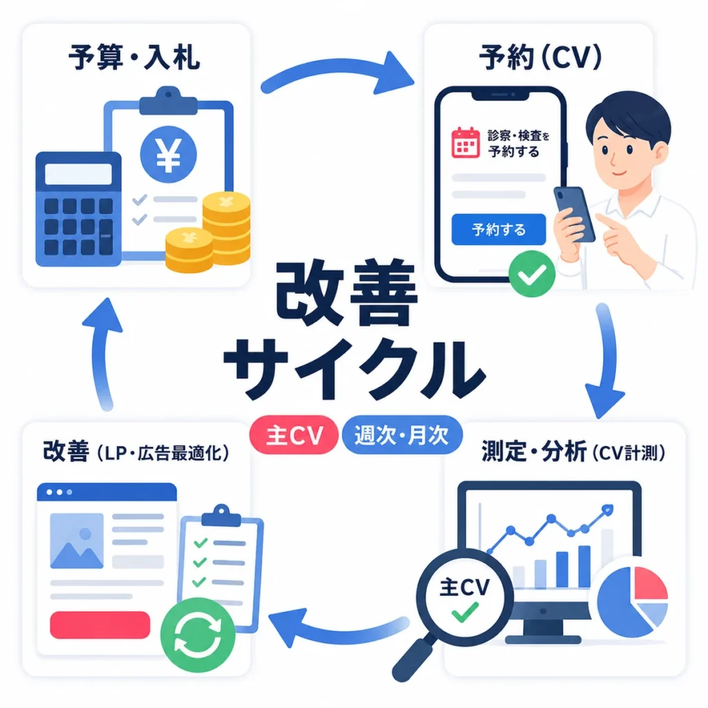 予算・入札・主CV測定・LP改善を回す広告改善サイクルを示すイラスト