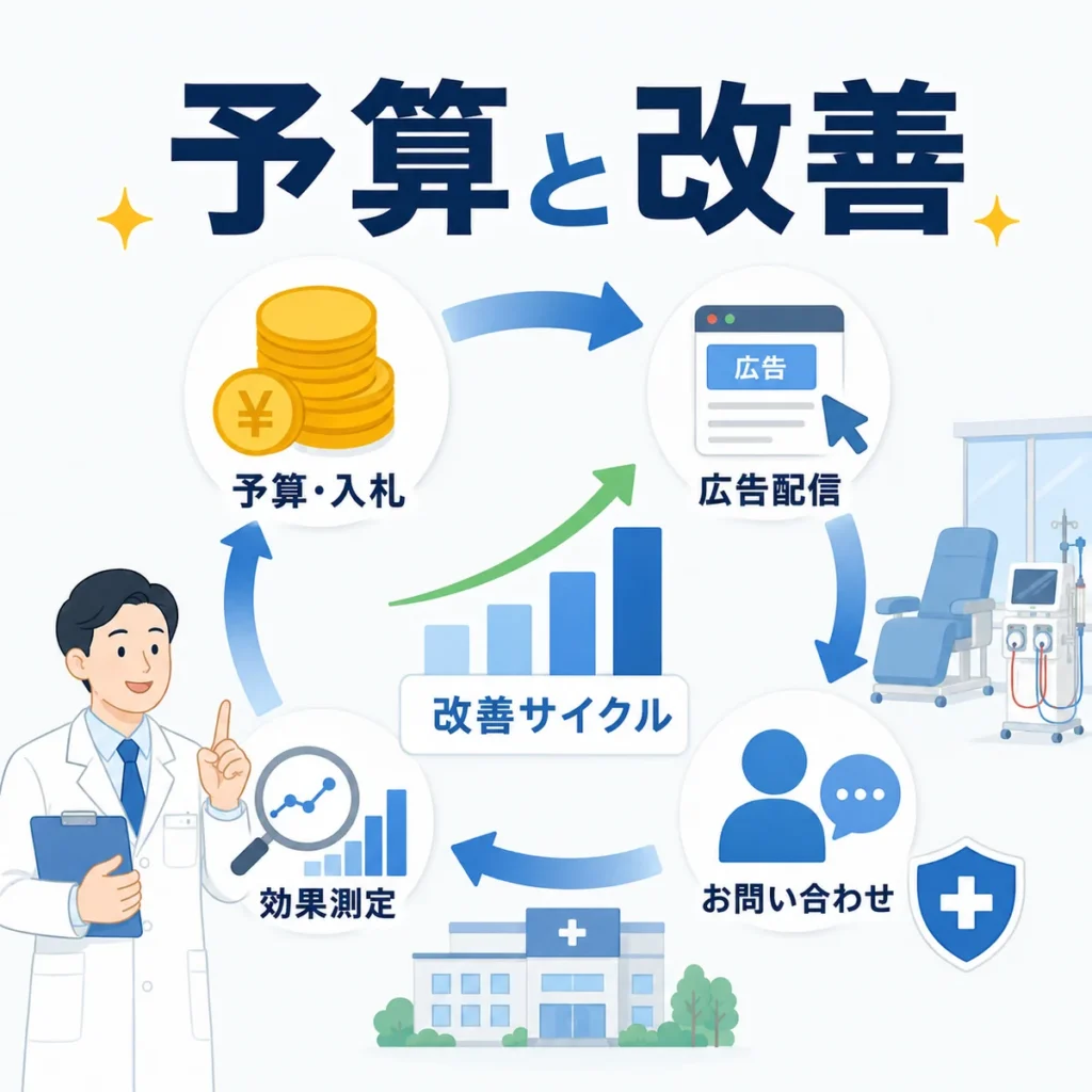予算・入札・広告配信・問い合わせ・効果測定を回す改善サイクルを示すイラスト